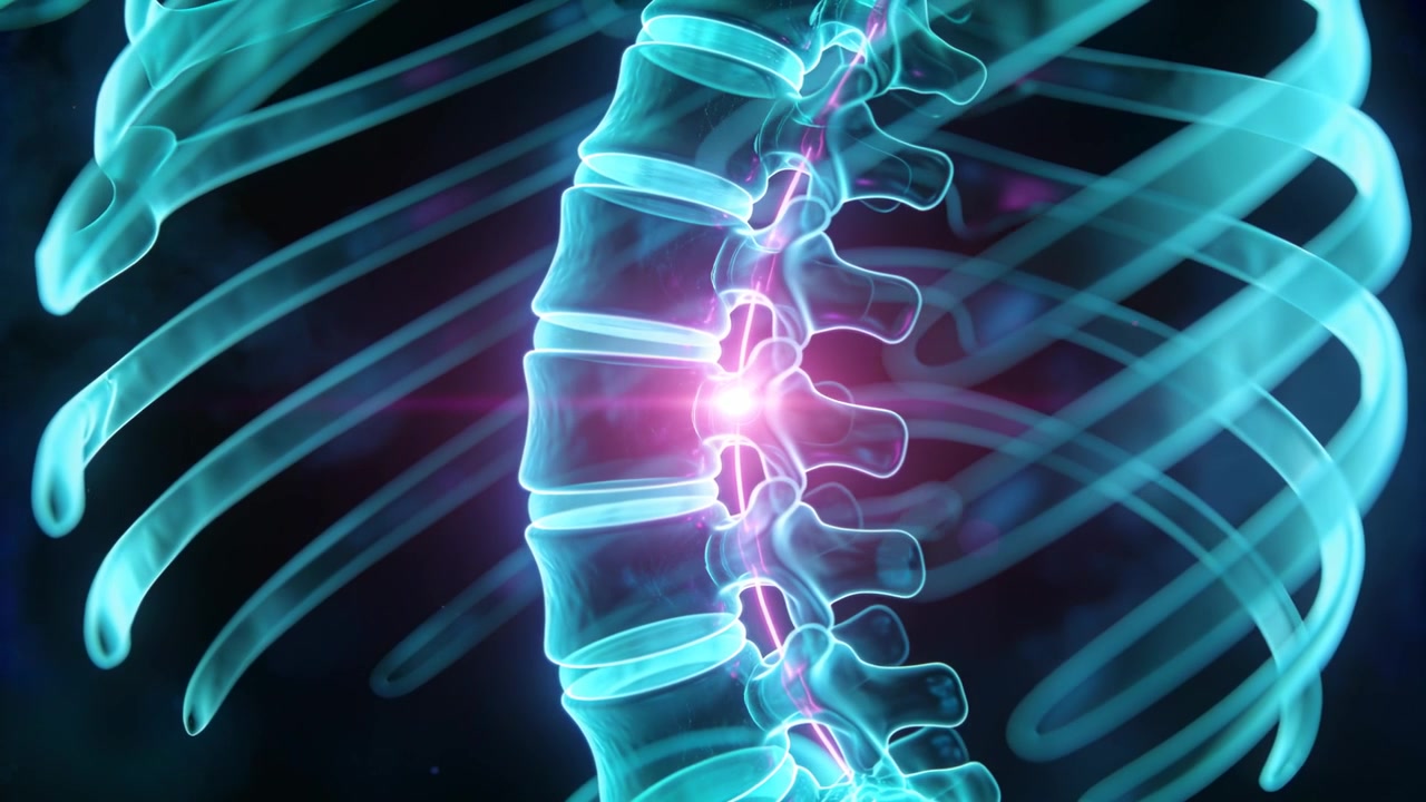 La telecamera si allontana da un primo piano su uno sfondo scuro, mostrando una colonna vertebrale toracica 3D che pulsa di magenta su un disco.