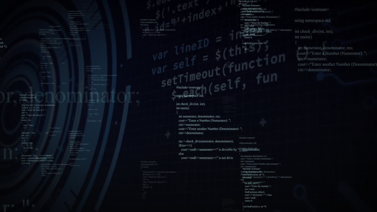Virtual digital interface floating on dark grid, glowing C++ snippets moving around circular HUD