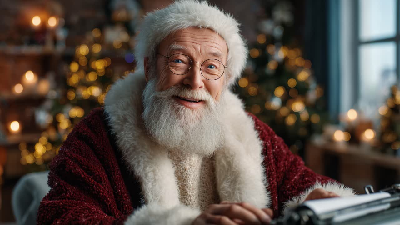 Una scena gioiosa con un uomo allegro con barba bianca e occhiali vestito da Babbo Natale, circondato da decorazioni natalizie festive e un'atmosfera calda e accogliente