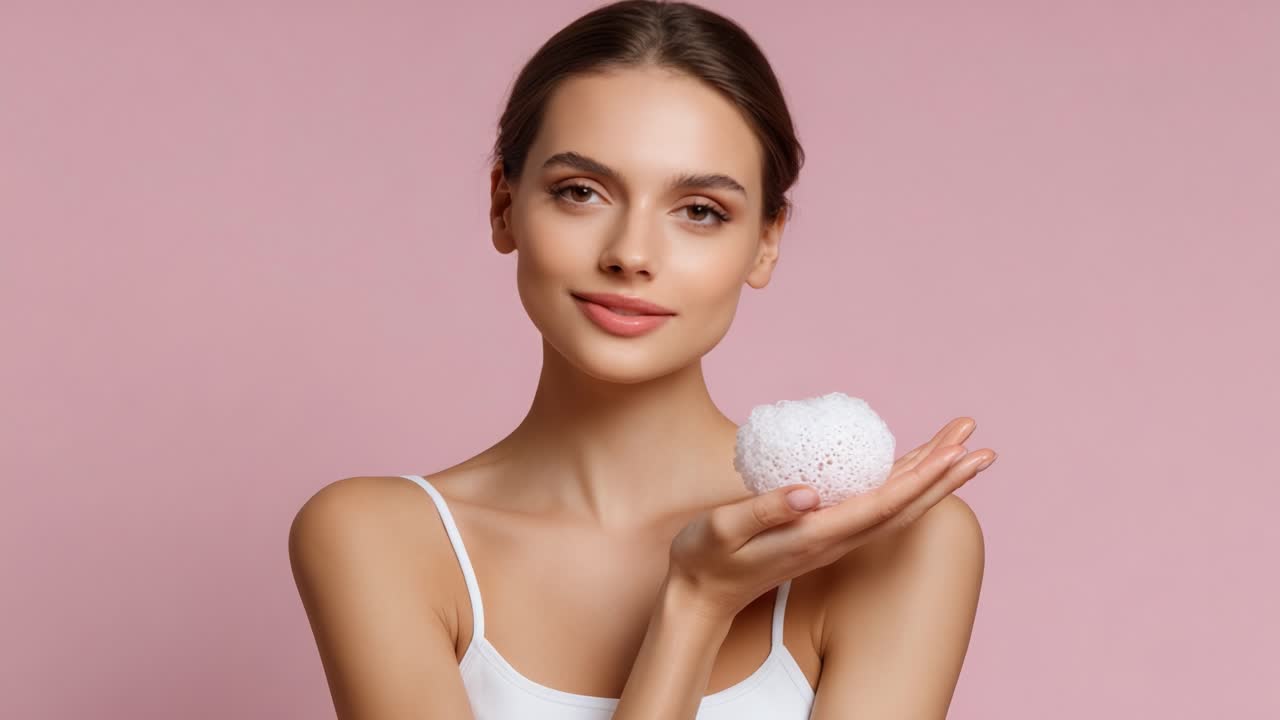 A Radiant Beauty Showcases a Soft Facial Sponge Against a Pastel Pink Background, Highlighting a Moment of Self-Care and Skincare Routine in a Relaxed Atmosphere