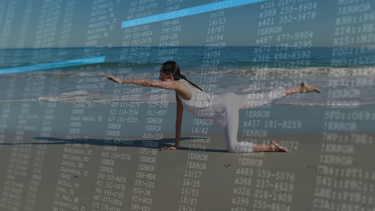Fitness woman practicing bird-dog yoga on shoreline, showing technology code and error overlay
