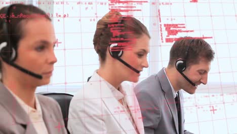 Animation-of-financial-data-processing-over-people-wearing-phone-headsets