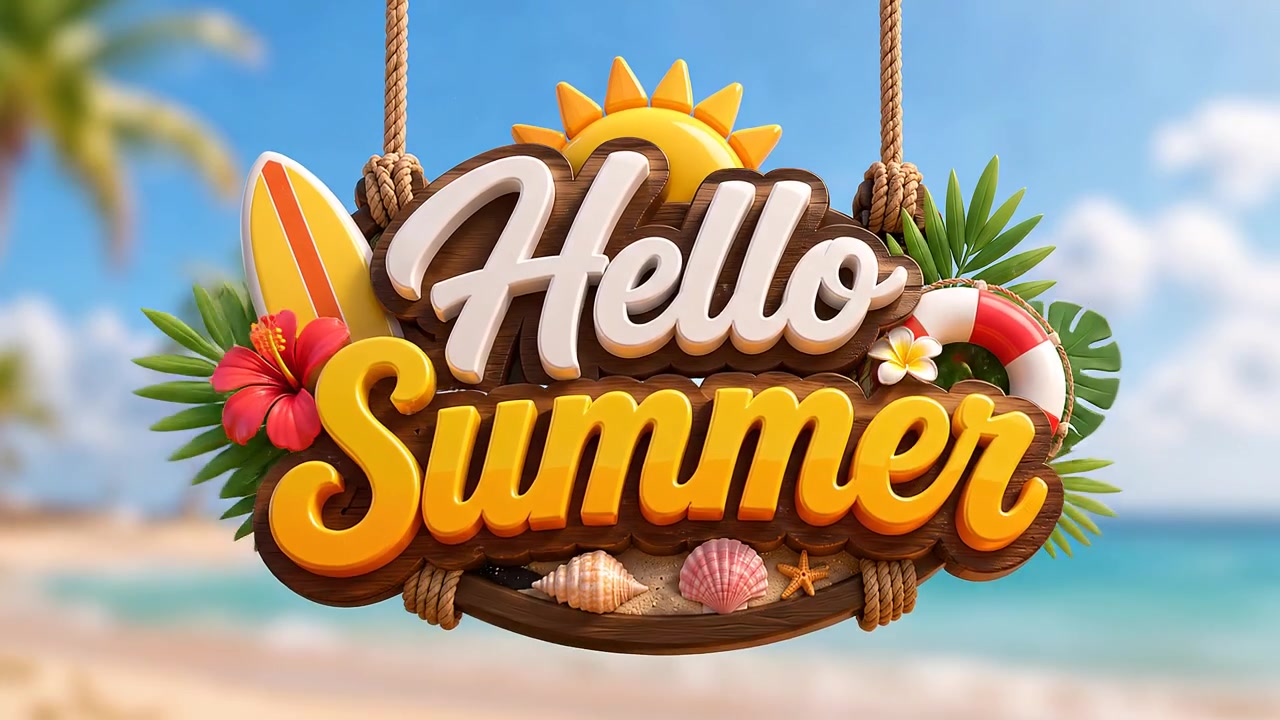 Hello summer wooden hanging sign text effect banner animation with seashells,surfboard,tropical flowers and coastal beach background