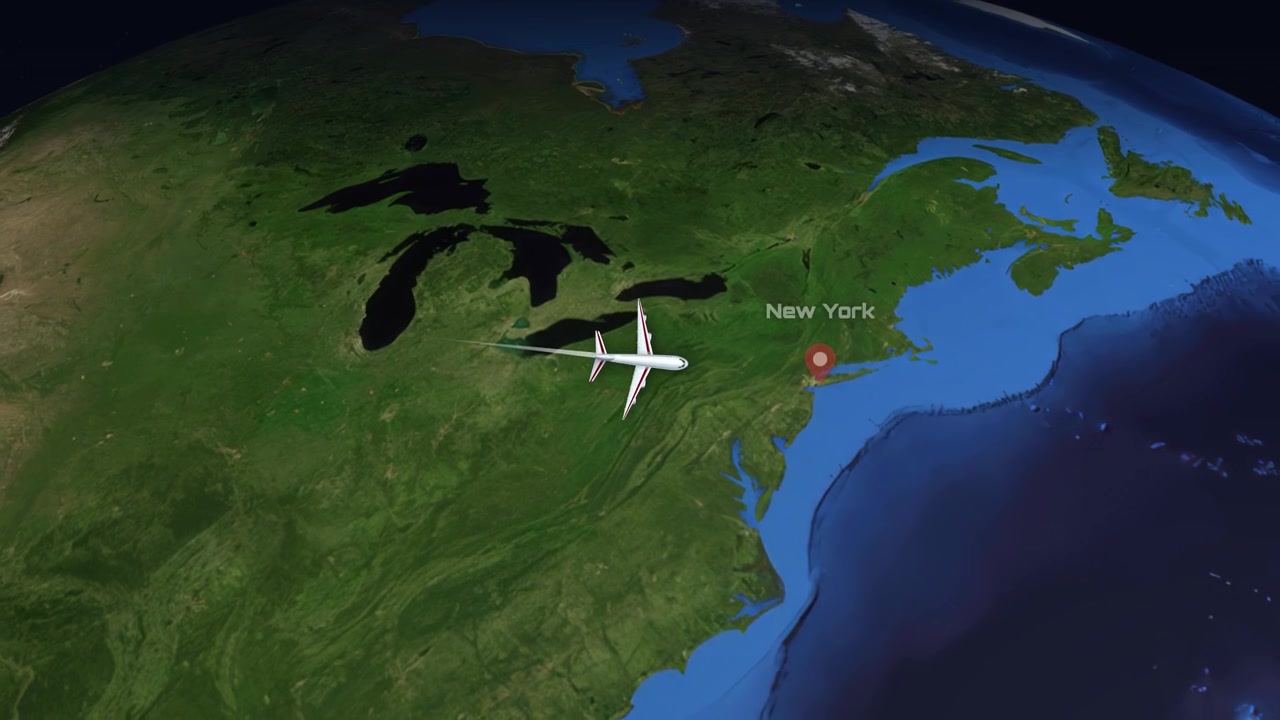Satellite view animation follows a commercial airplane flying across the United States from west coast