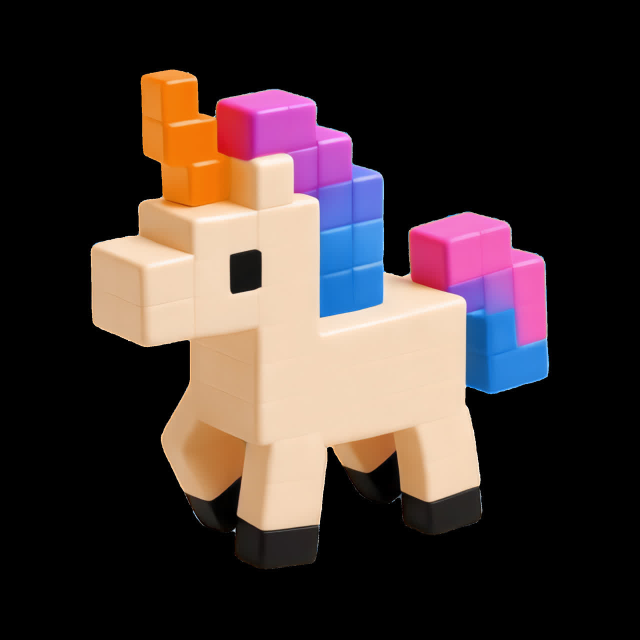 Colorful block unicorn toy animation isolated asset, transparent 4K video, alpha channel, ProRes