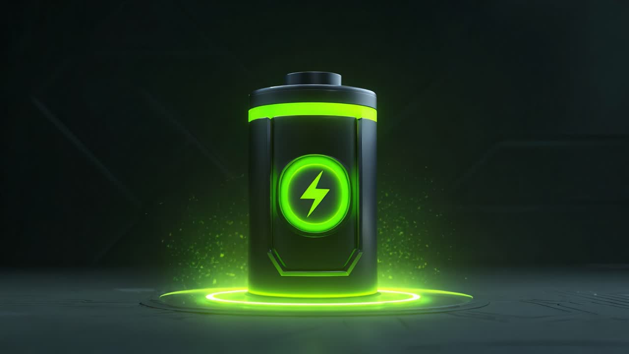 A striking visual representation of an advanced battery, showcasing its glowing green elements and lightning symbol against a dark background, emphasizing energy and power