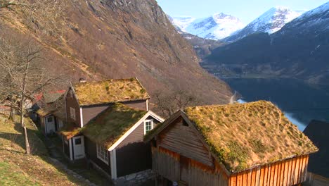 thatch roofed traditional houses line the fjords of norway