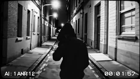A dramatic, noir-style video scene of a dimly lit alleyway with a silhouette walking away