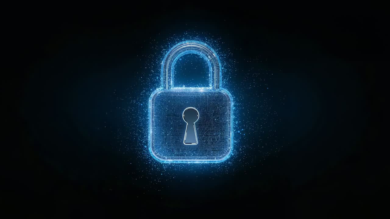 Starting frames revealing neon padlock, keyhole, particle halo on dark gradient, signaling security
