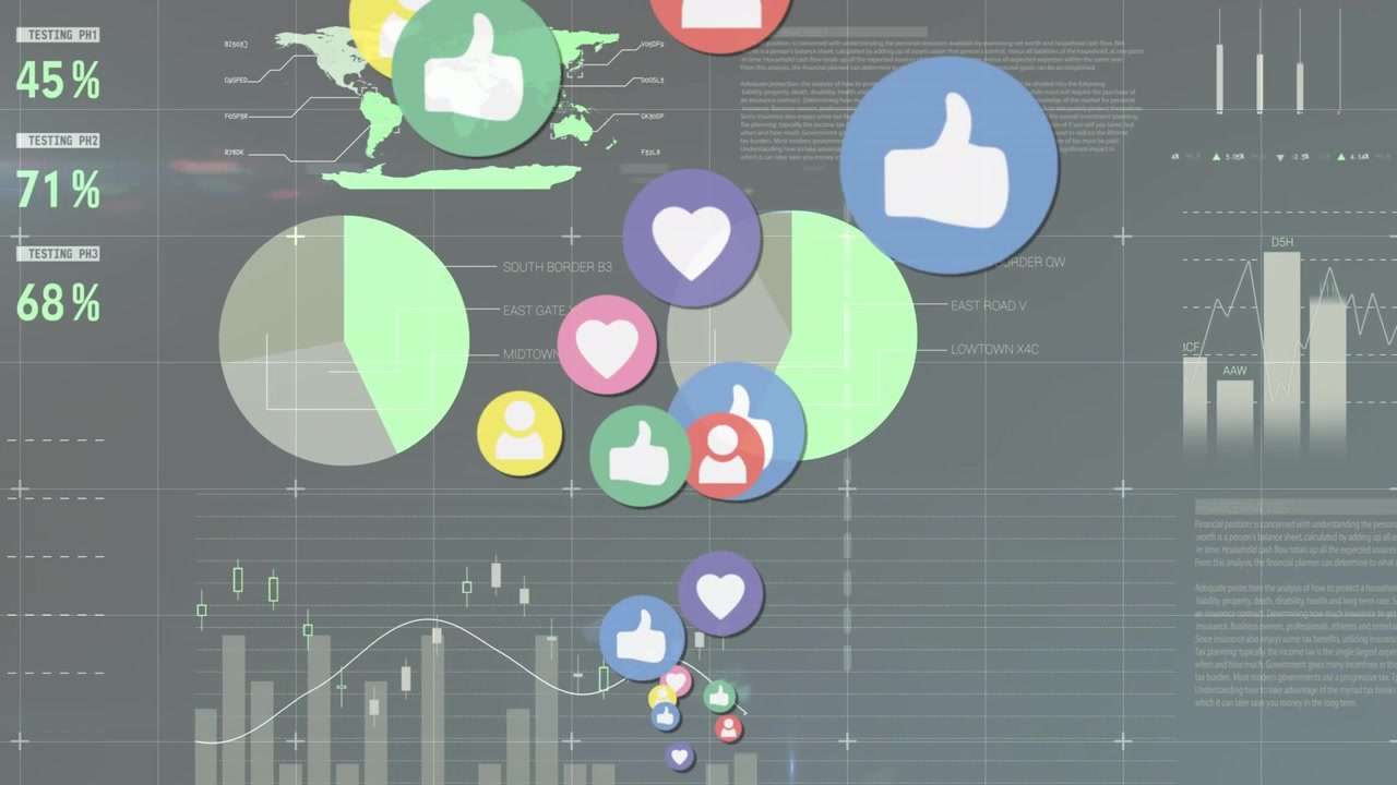 Animação de ícones de redes sociais com estatísticas e processamento de dados financeiros