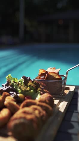 plate of food with a basket of fries and a salad by the pool in a luxury hotel. argentina.
