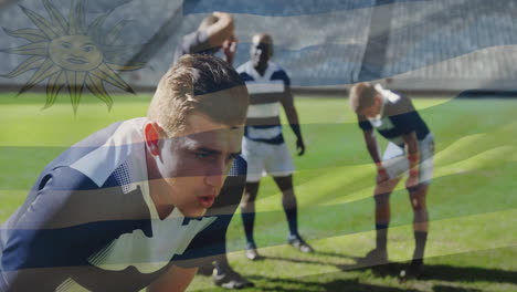 resting on field, rugby players with uruguay flag animation in background