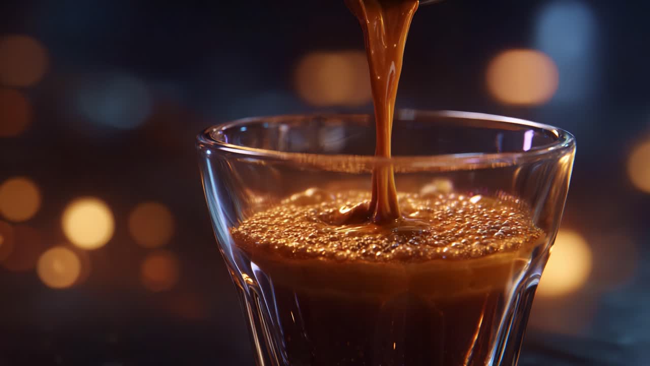 Accattivante primo piano di caffè ricco e cremoso versato in un bicchiere trasparente con uno sfondo bokeh scintillante, che crea un'atmosfera invitante di calore e sapore