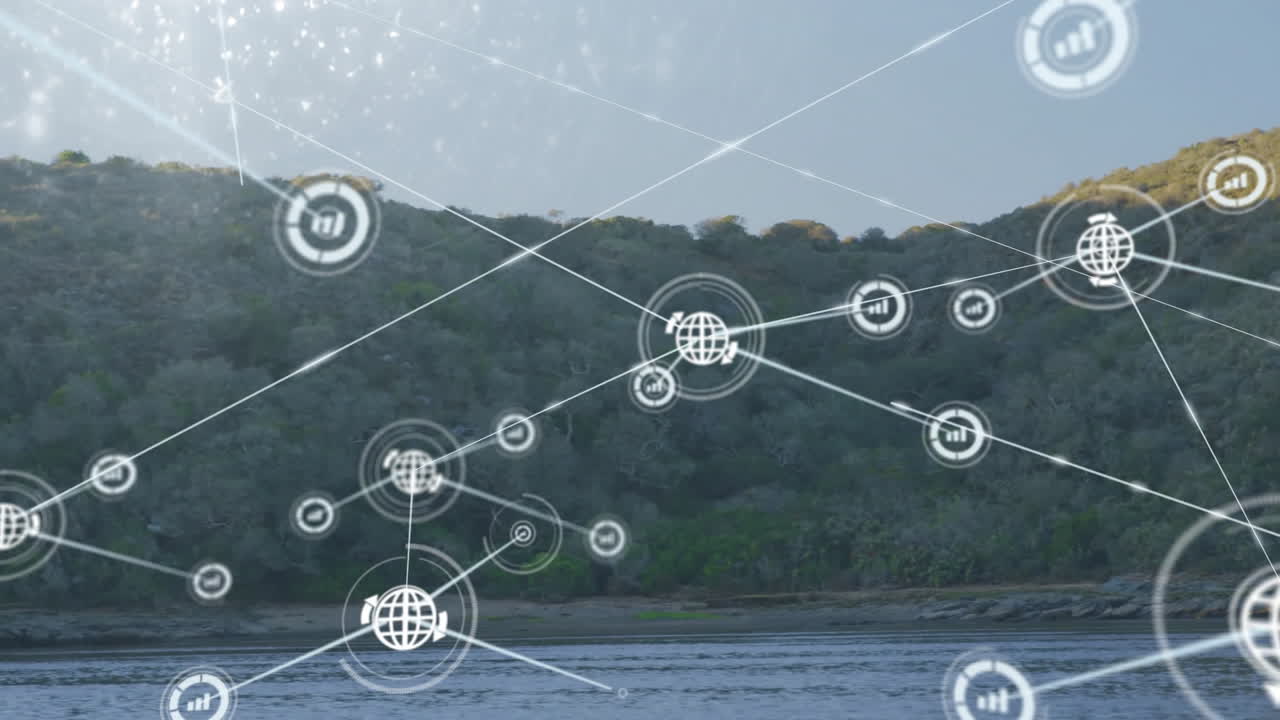 Processing data and network connections animation over scenic landscape view