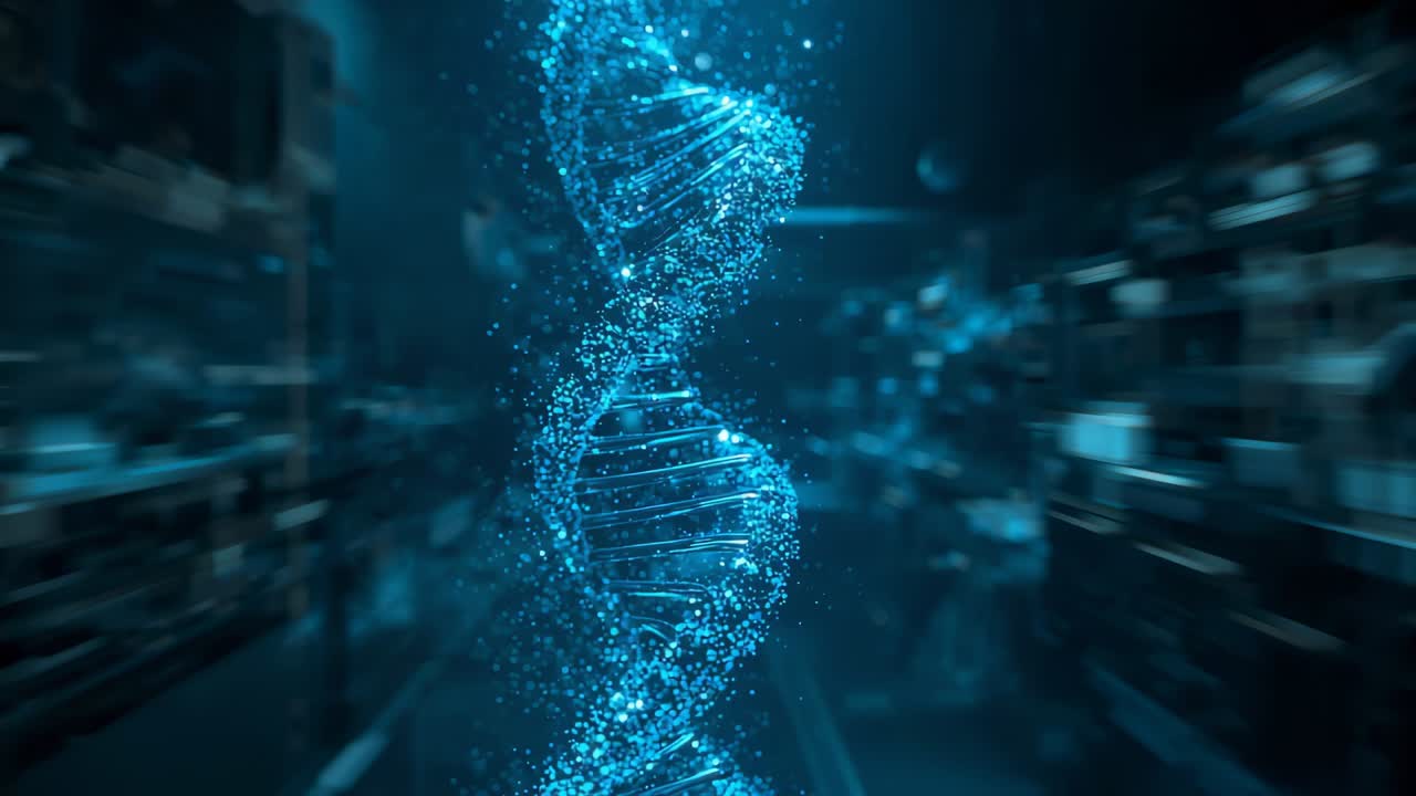 Elica di DNA incandescente centrale che si forma in un corridoio di laboratorio con scaffalature, ondata di particelle che causa bagliore e sfere