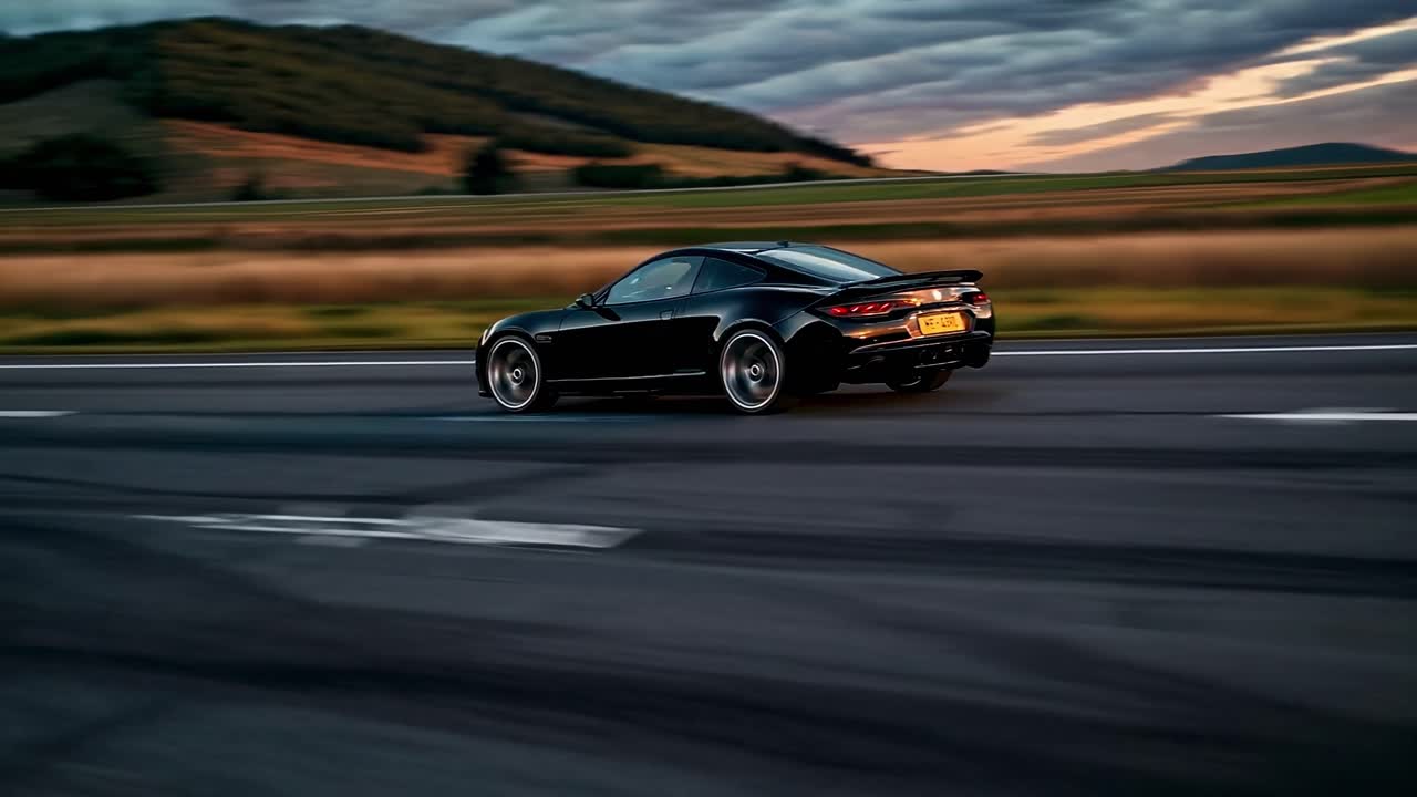 Vista laterale dinamica di un'elegante auto sportiva nera che sfreccia su una strada al tramonto, ripresa con una panoramica
