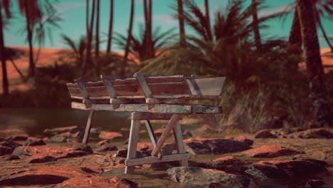 an old wooden structure sits in an oasis in the desert.