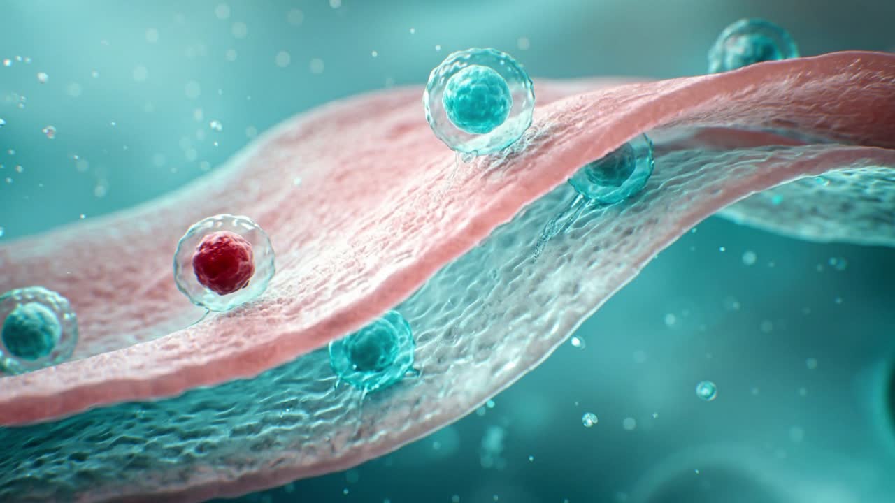 Globulo rosso microscopico che si muove lungo una superficie tissutale curva all'interno di un ambiente biologico pieno di fluido