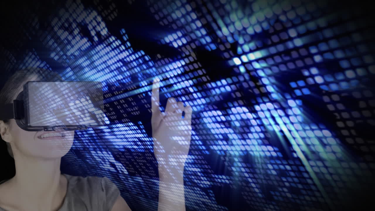 utilizando auriculares de realidad virtual, persona que interactúa con la visualización de datos digitales