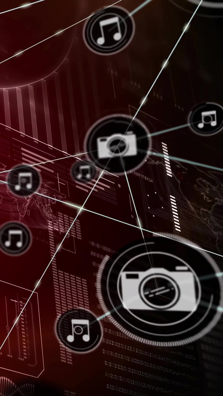 Vertical video: Flare flaring seeding cam or music nodes linking into network over red HUD for data