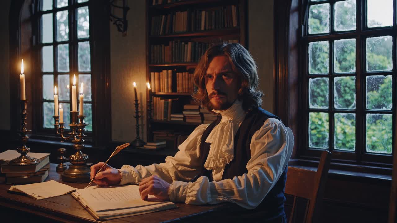 A vintage-style video scene shows a man writing by candlelight in a library