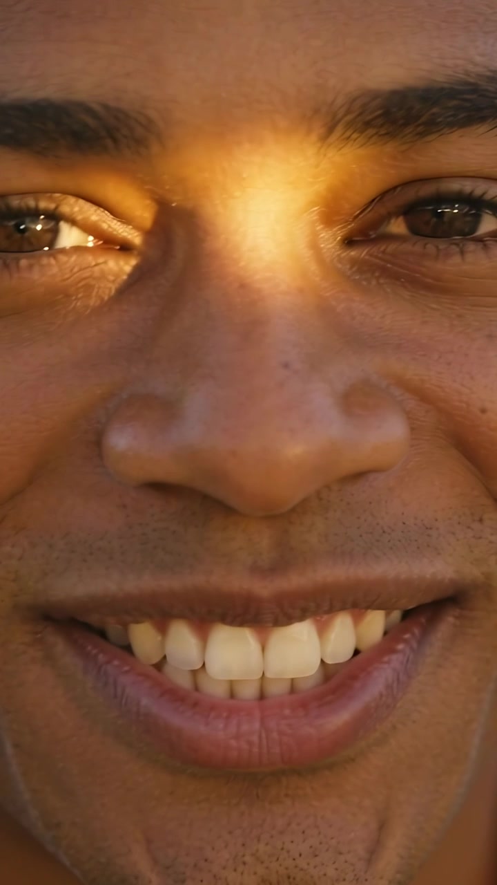 Vertical video: Smiling man outside squinting and blinking as sunbeam crosses face, changing smile