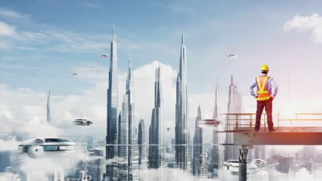 Futuristic Cityscape with Construction Worker