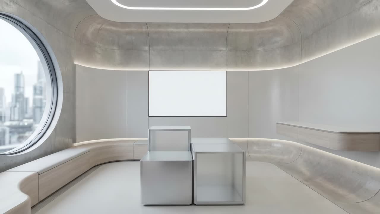 Modernes minimalistisches Interieur mit Stadtblick und leerem Bildschirm