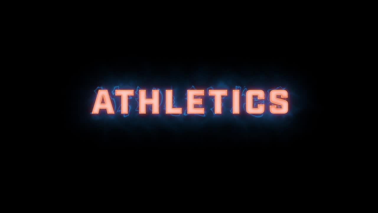 una breve revelación tipográfica en movimiento de alta calidad de las palabras "atletismo" con varias opciones de colores sobre un fondo negro, animada dentro y fuera con elementos eléctricos y brumosos