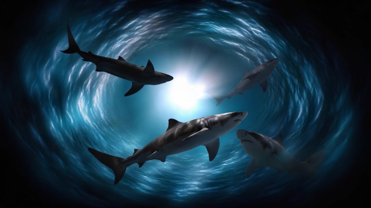 A Dramatic Encounter With Sharks in a Mystical Oceanic Vortex: An Exploration of Nature's Predators Captured in Stunning Detail