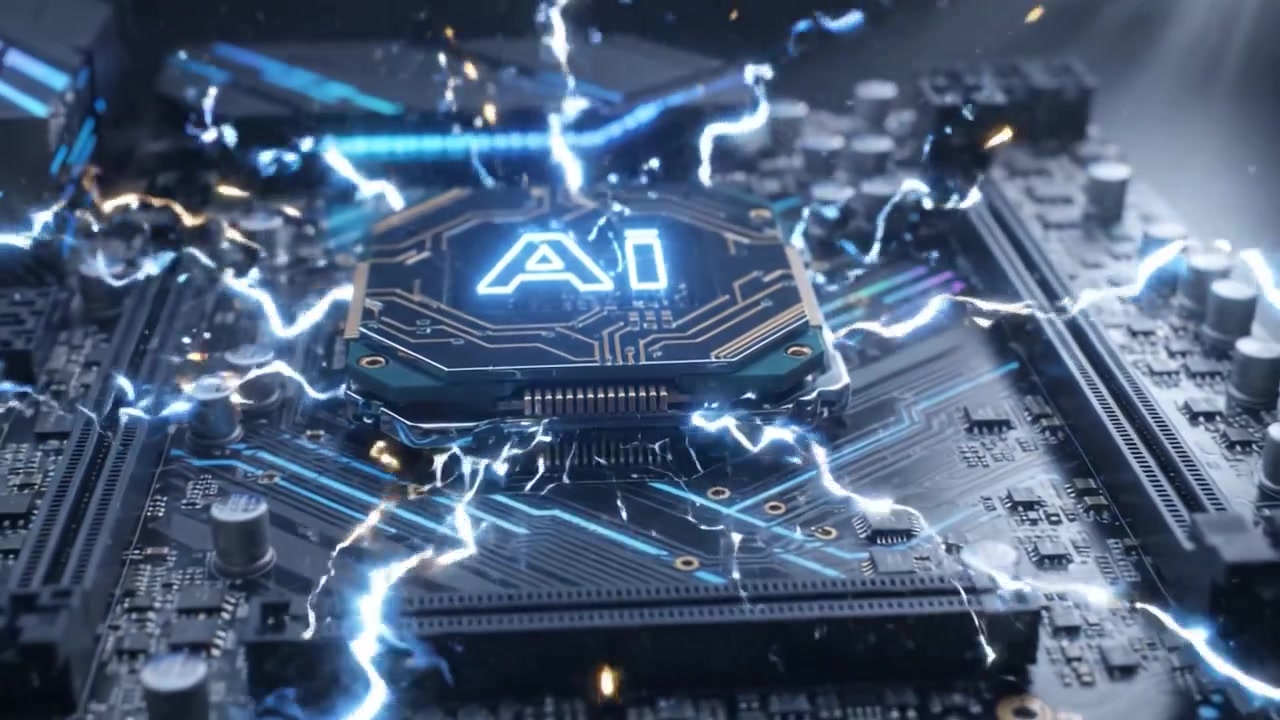 A Cutting-Edge AI Processor Hovers Above a High-Tech Motherboard, Showcasing Advanced Circuitry and Innovative Design for Modern Computing Applications.