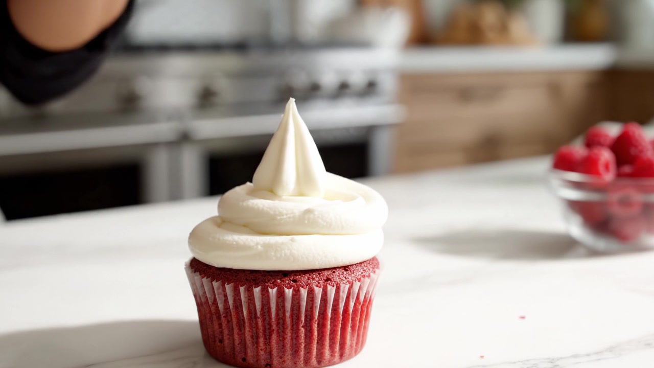 Creare un delizioso cupcake Red Velvet: dalla decorazione con la glassa alla presentazione perfetta in un'accogliente ambientazione da cucina.
