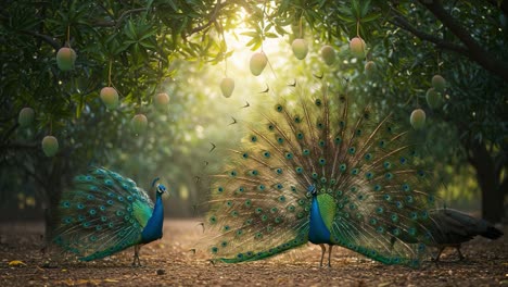 a stunning display of two magnificent peacocks spreading their vibrant feathers amidst lush mango trees illuminated by golden rays of sunlight