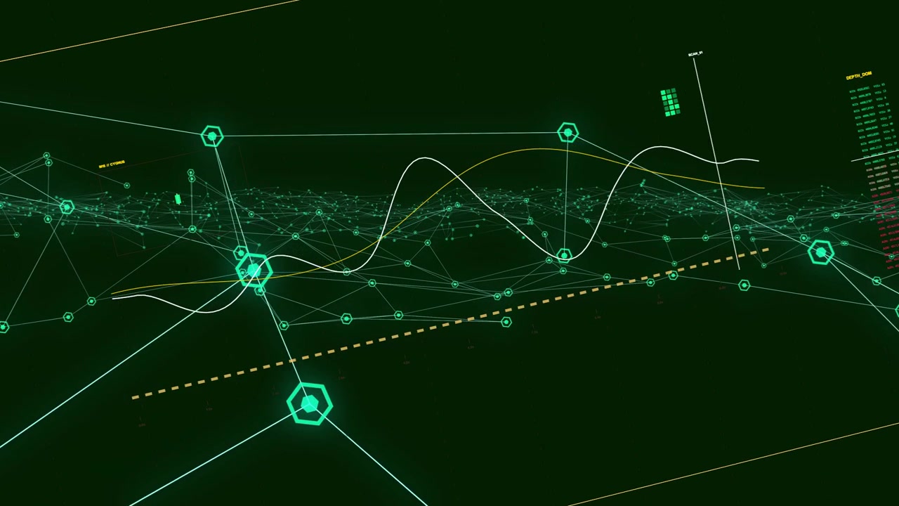 Camera pushing forward, 3D data net pulsing hex nodes, lighting dashed route to show data trends