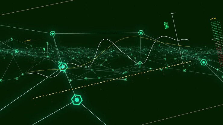 Camera pushing forward, 3D data net pulsing hex nodes, lighting dashed route to show data trends