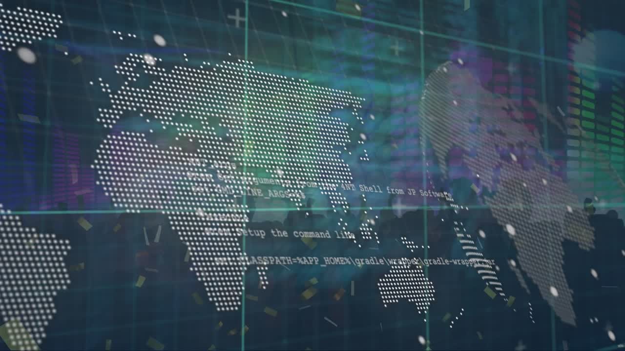 Animation of data processing over world map against silhouette of people dancing