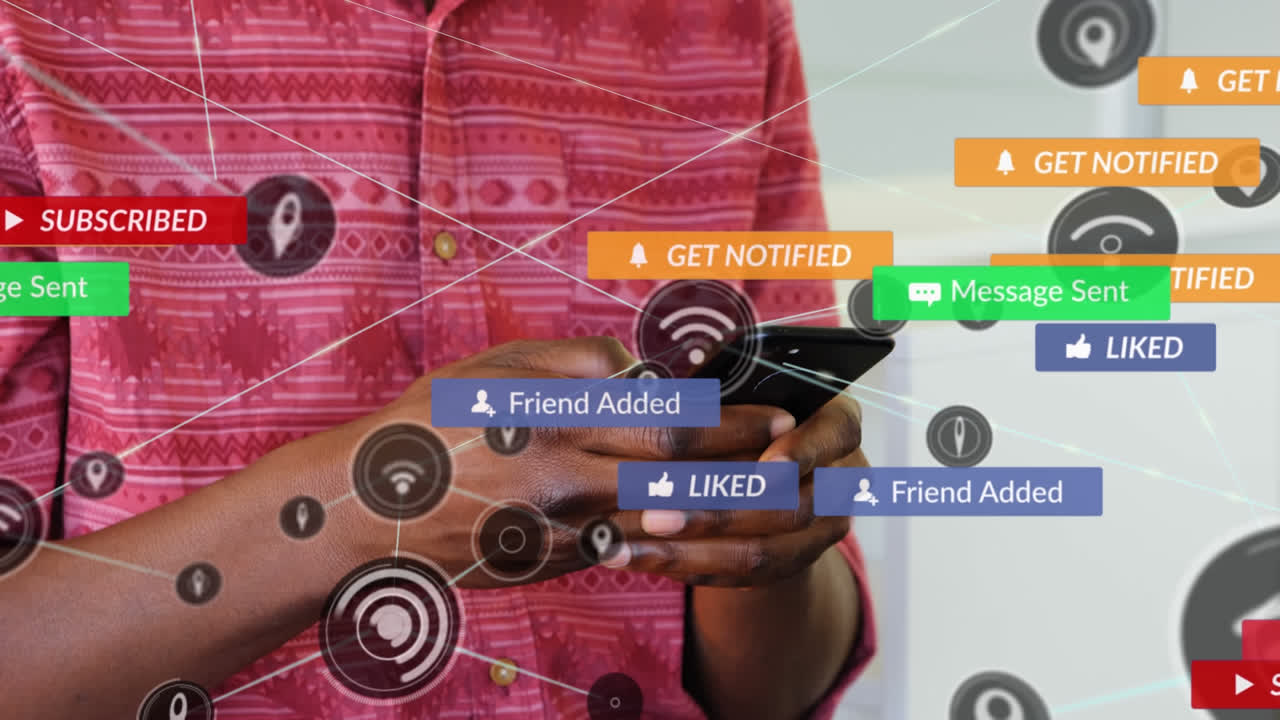 Animation of connected icons, notifications over midsection of african american man using cellphone