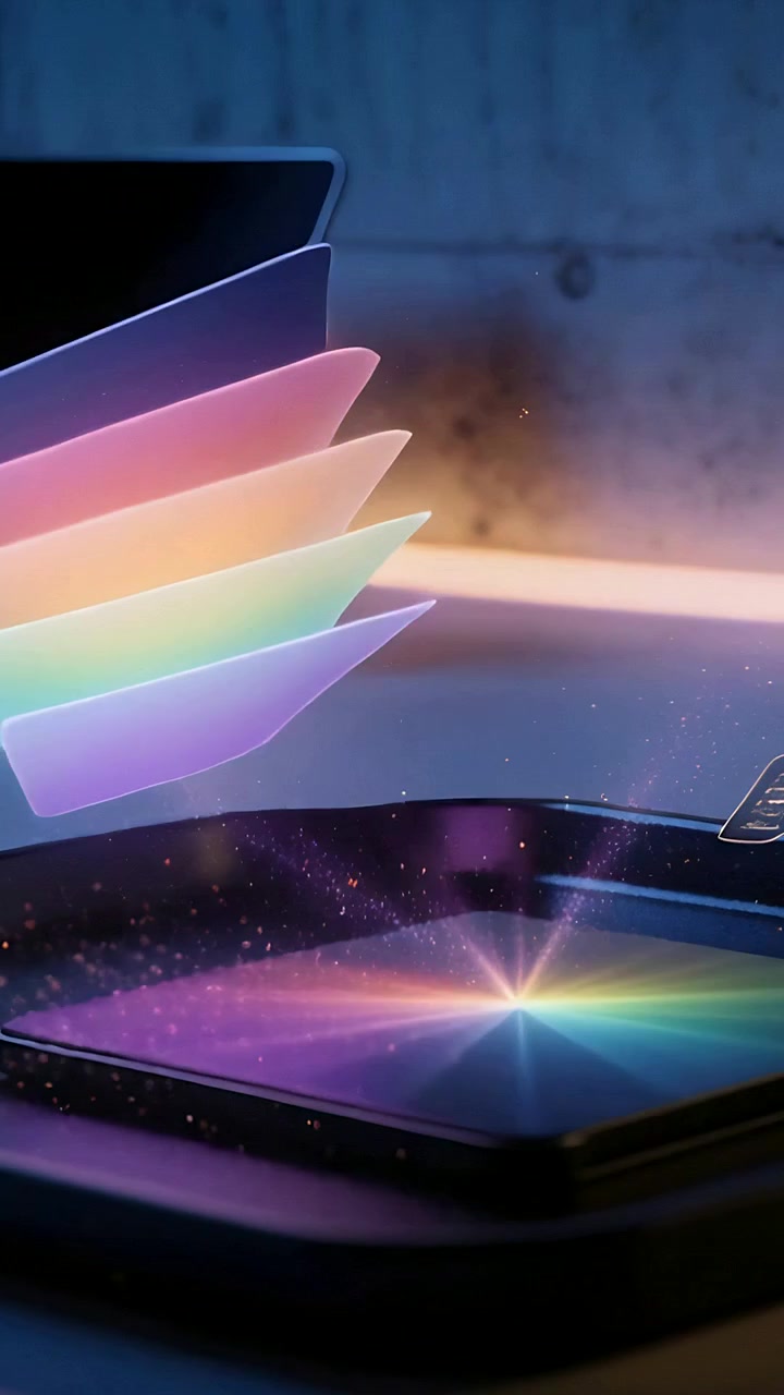 Pystyvideo: Nousevat paneelit leviävät laiturin yläpuolella, kun laite säteilee tähtisadetta ja näyttää Mode-käyttöliittymän
