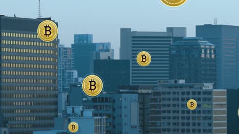 animation of bitcoins moving over aerial view of modern city against sky