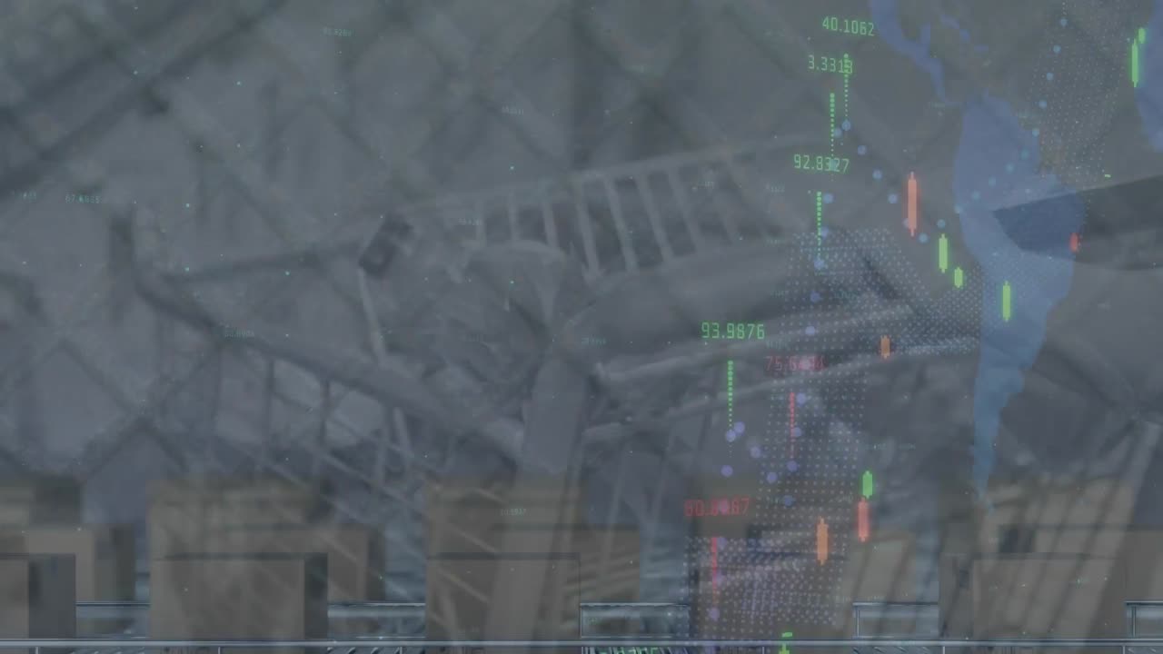 animación de gráficos y datos financieros sobre la mano de un hombre con un carrito de compras