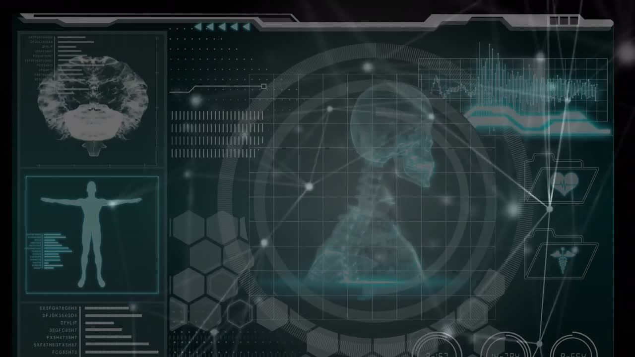 animación de la red de conexiones y procesamiento de datos médicos sobre fondo negro