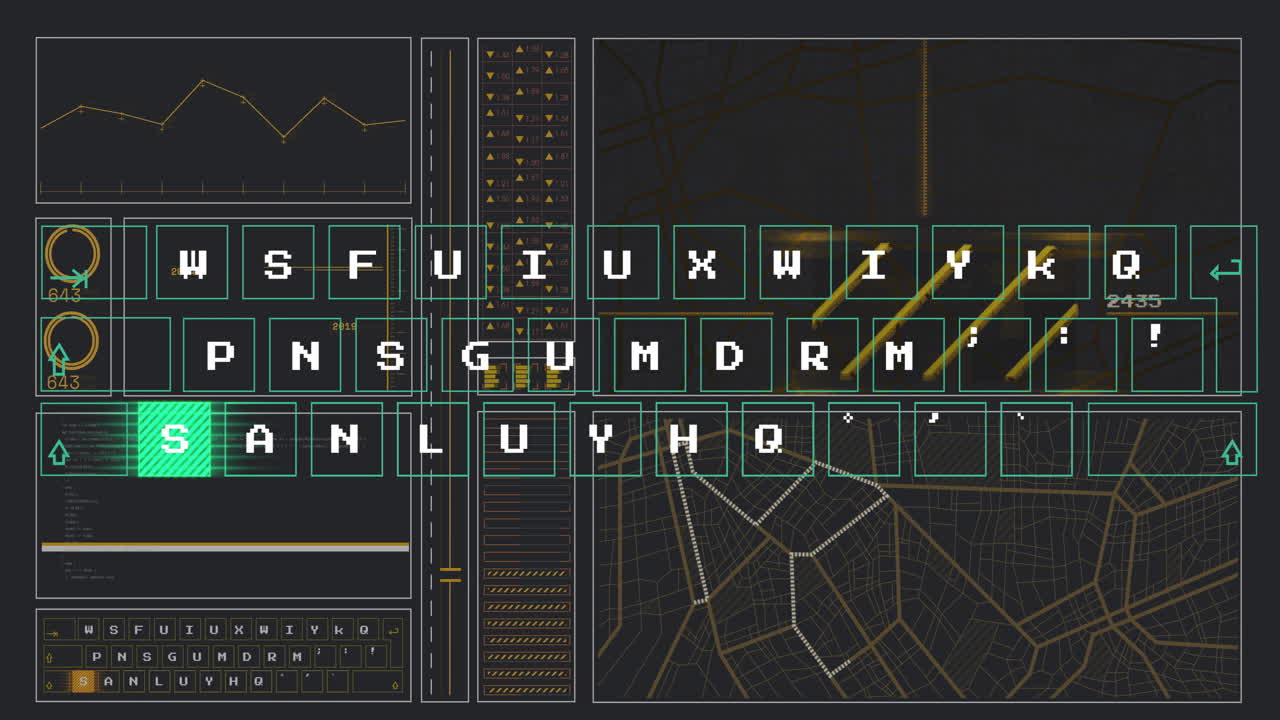 Animation of futuristic interface displaying data analysis with geometric patterns
