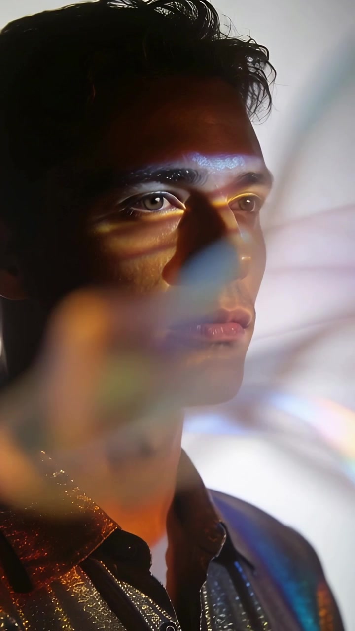 Vertical video: Shifting prism causing man turning head in studio revealing face on shiny shirt