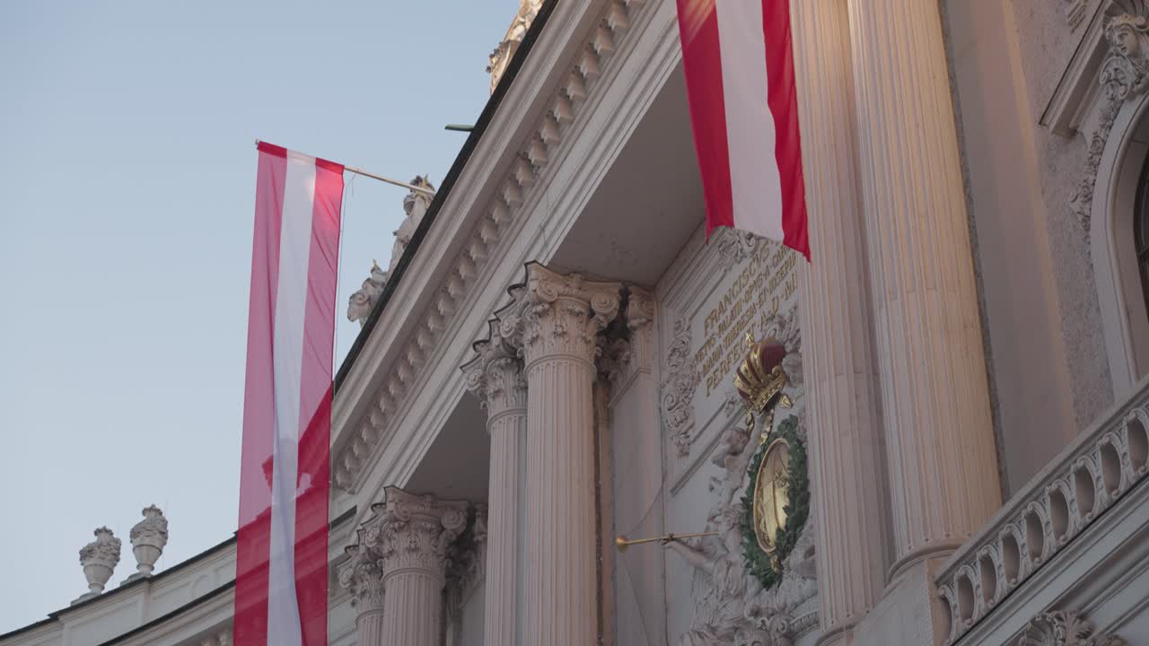 Architectural Building with Austrian Flags