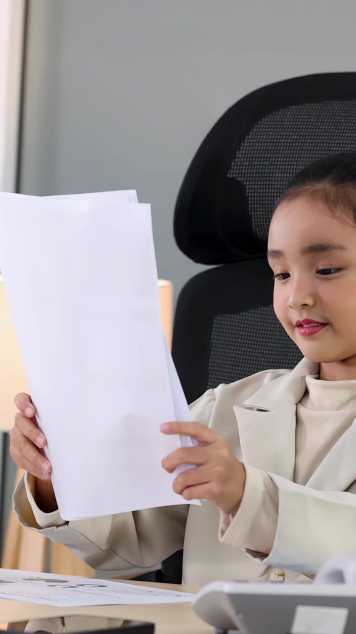 Una giovane ragazza in tailleur professionale esamina documenti a una moderna scrivania d'ufficio