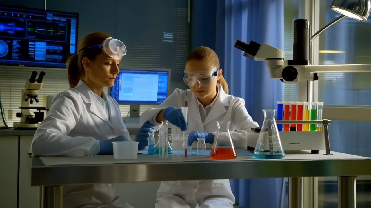 Two female scientists conducting an experiment in a laboratory