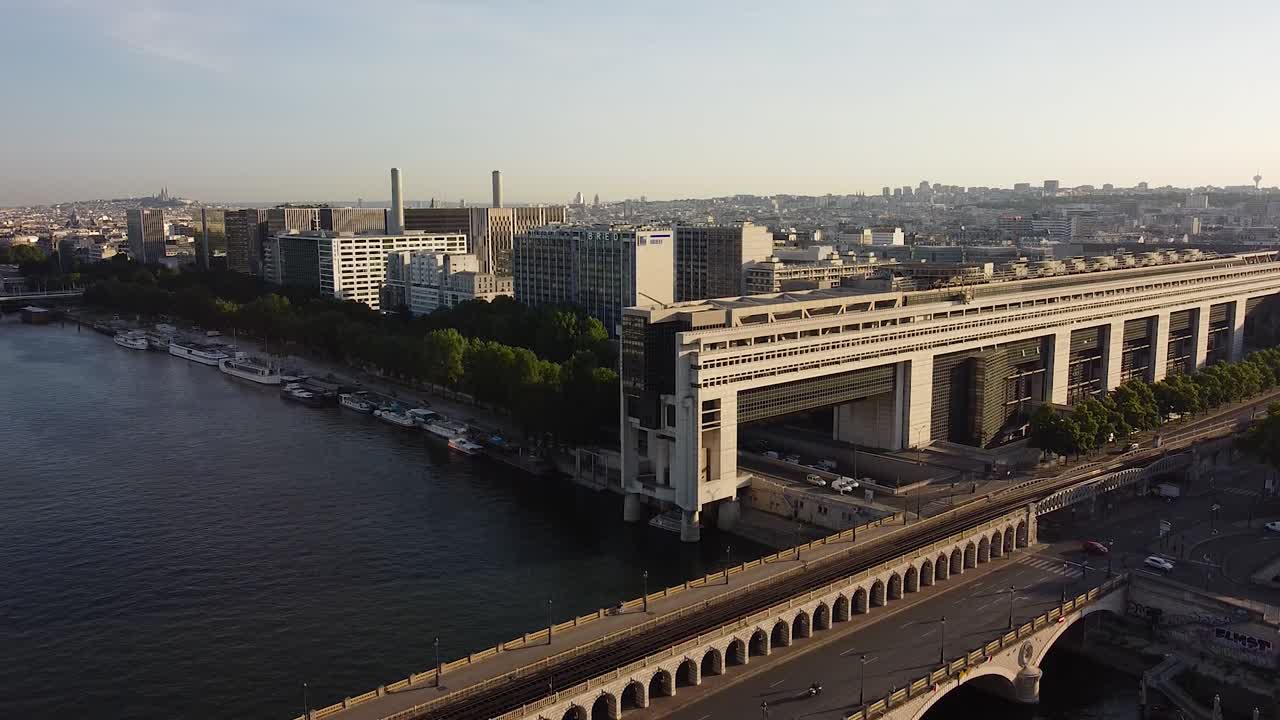 Aerial pedestal down Bercy bridge in Paris city and sky for copy space