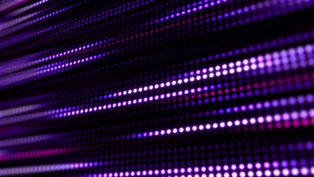 Grid of purple glowing pixel dots. Effect of movement festive illumination lines. Blurred electronic display background. Looped animation graphics.