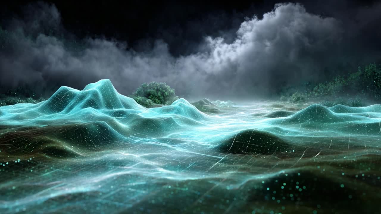 A Mesmerizing Digital Landscape of Dynamic Waves and Ethereal Light, Capturing the Essence of Fluidity and Motion in an Otherworldly Environment