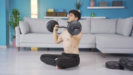 집에서 운동하는 젊은 운동선수. 건강한 생활 방식.